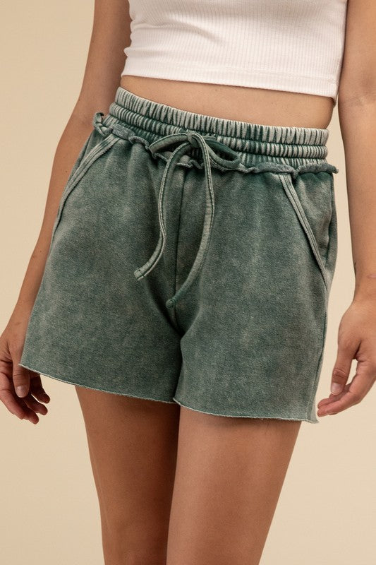 Acid Wash Fleece Drawstring Shorts with Pockets*dropship