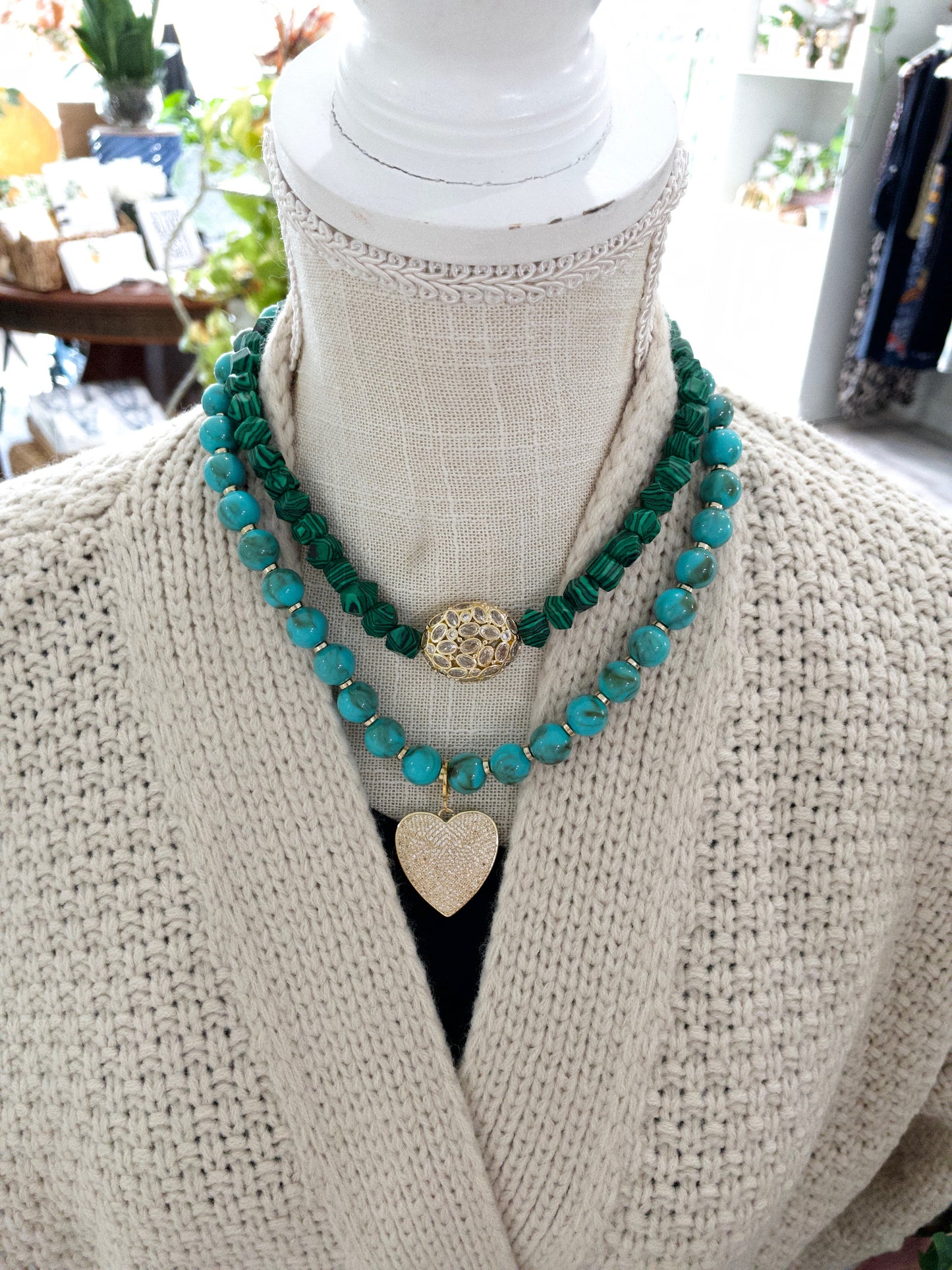 Camden Green Beaded Necklace with Leah Cz Heart