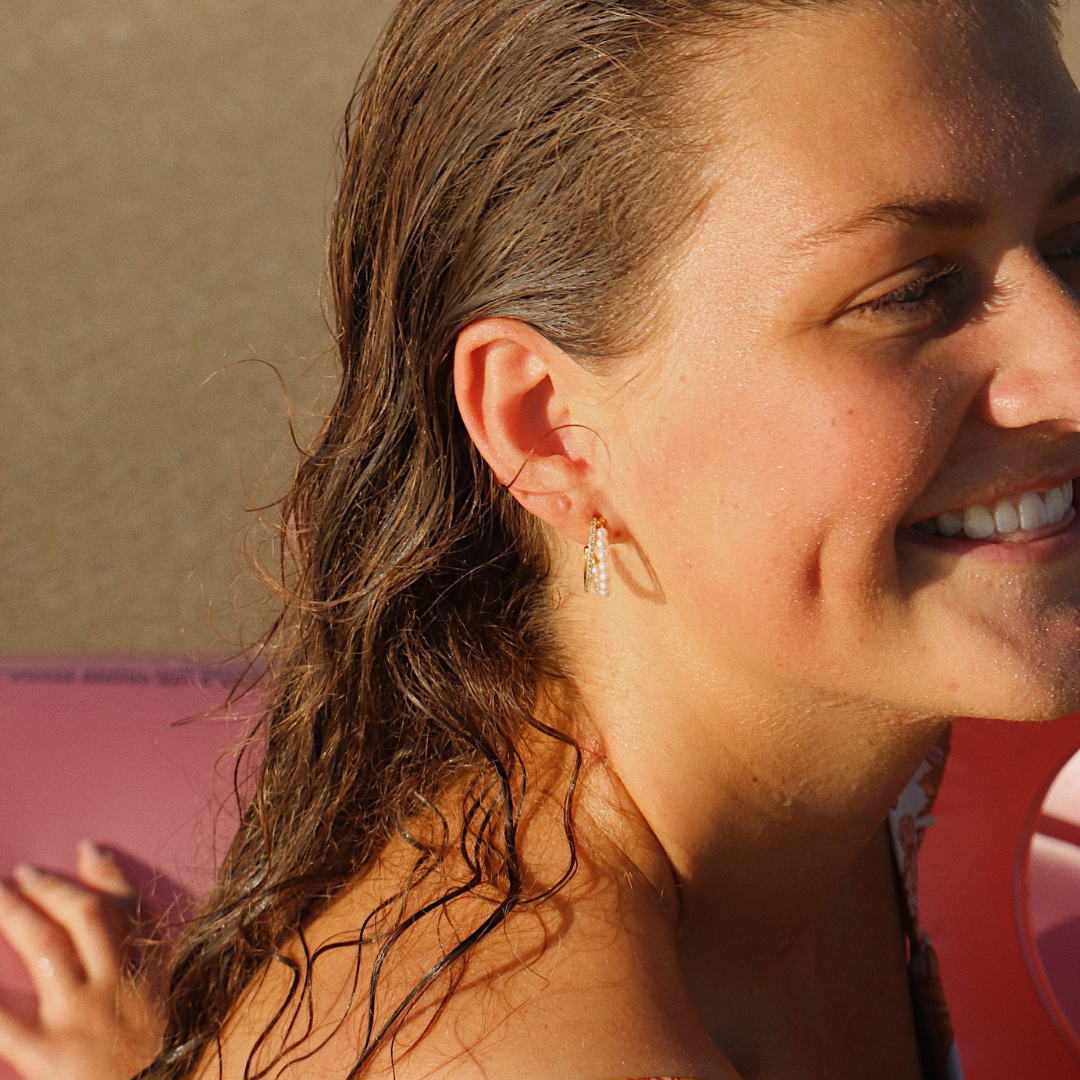 Gold Timeless Treasure Sterling Silver Pearl + Rhinestone Delicate Double Hoops