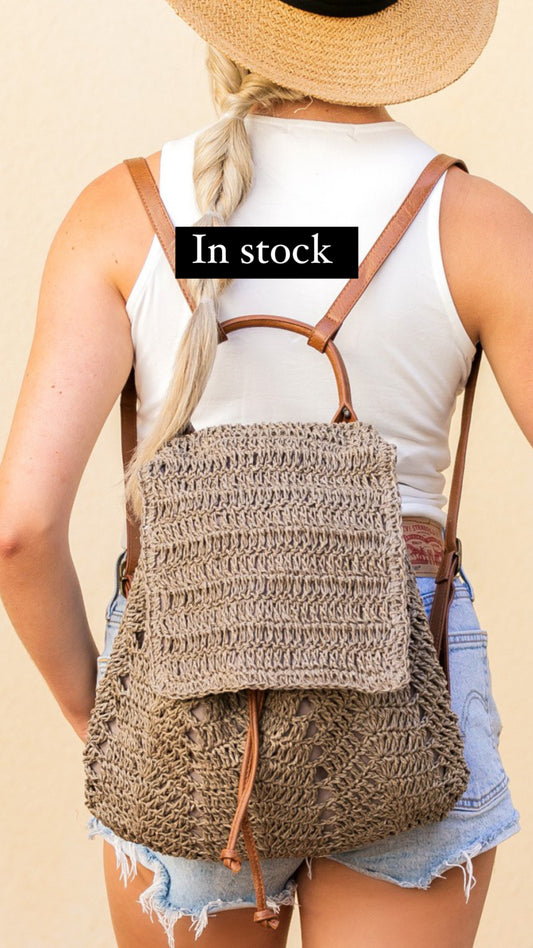 Woven Straw Backpack Dark Taupe IN SOTCK