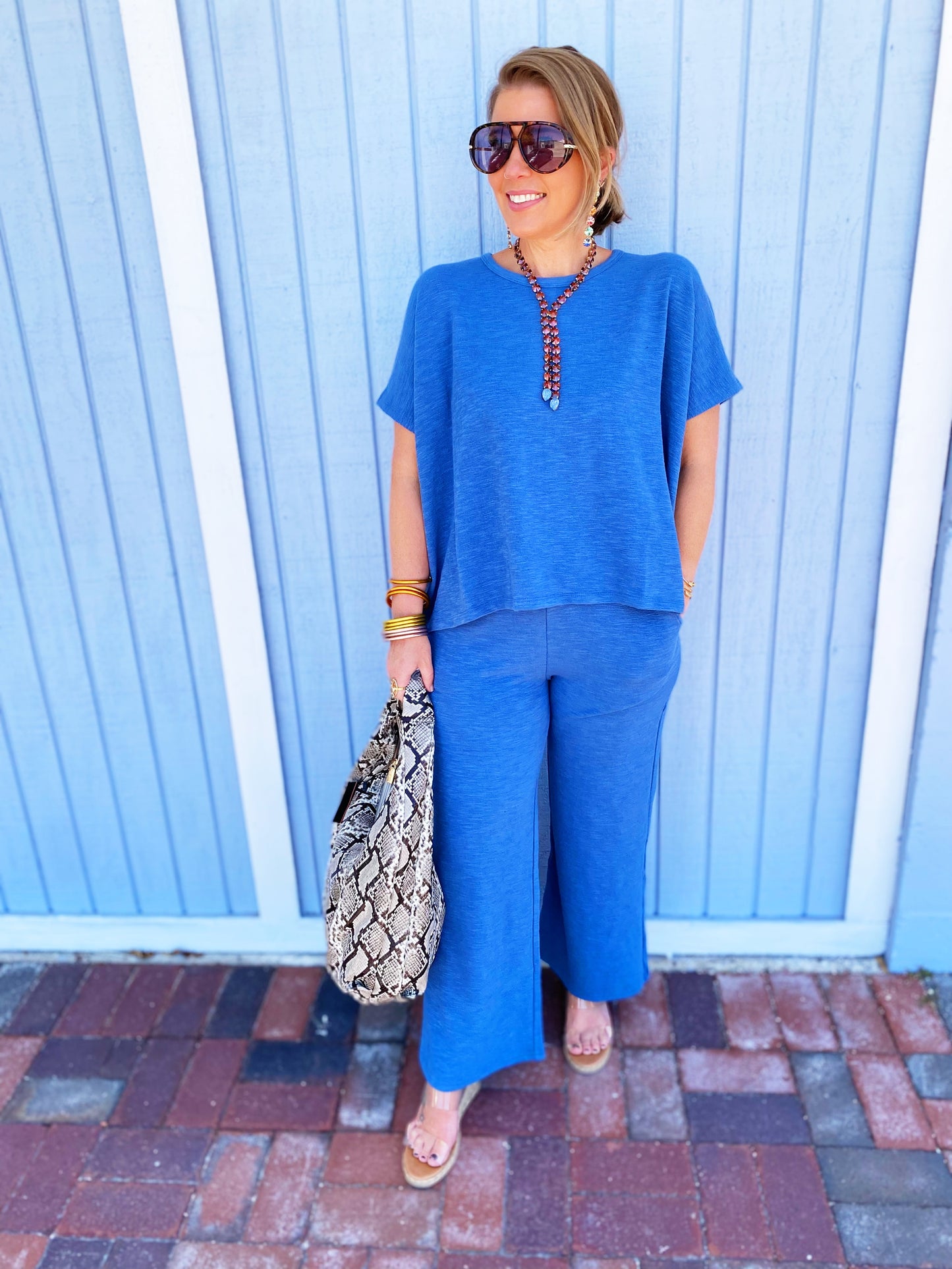 Dusty Blue Cotton Slub Top & Pants Set