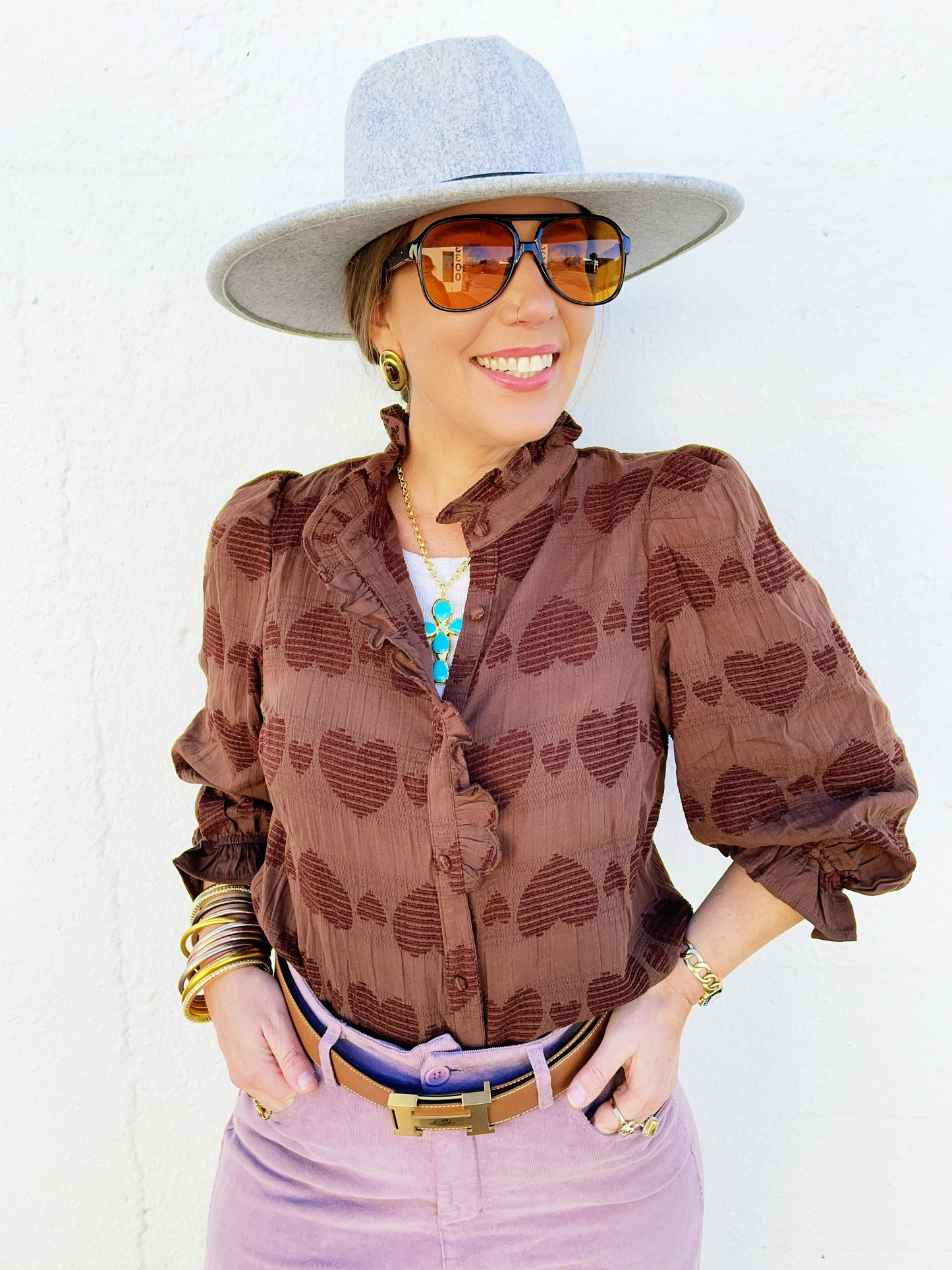 Jenny Heart Jacquard Ruffle Trim Shirt