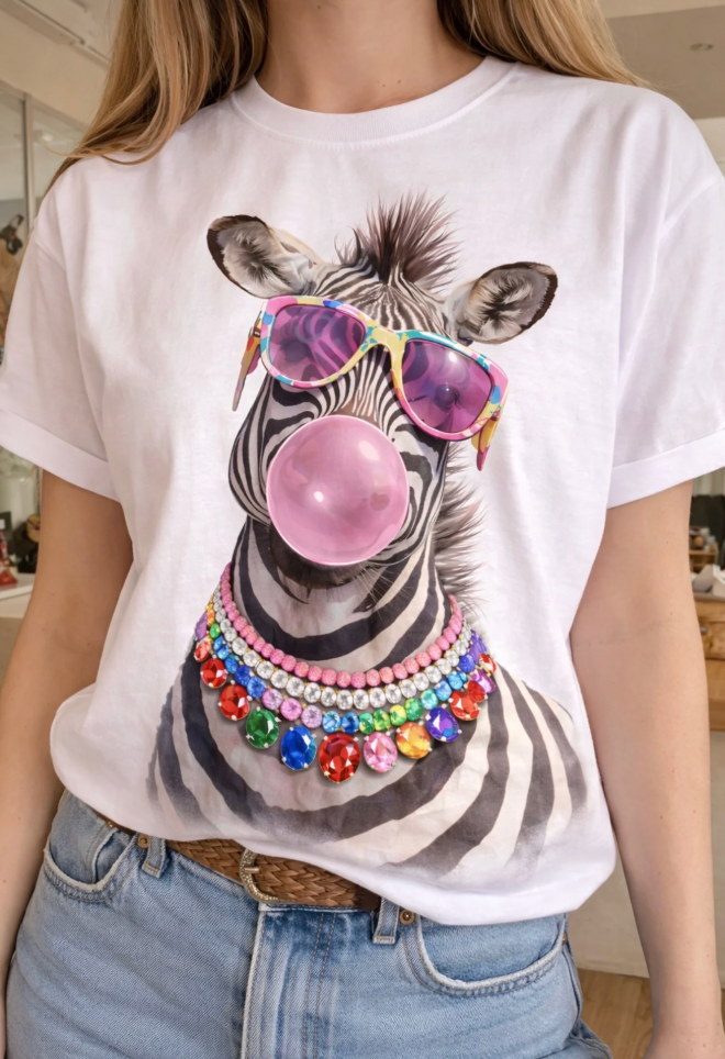 Jeweled Collar Funky Zebra on White Crew PREORDER