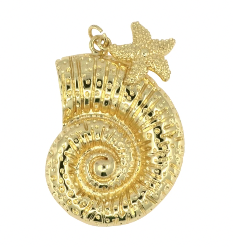 Large Gold Conch Shell Pendant with Starfish Accent