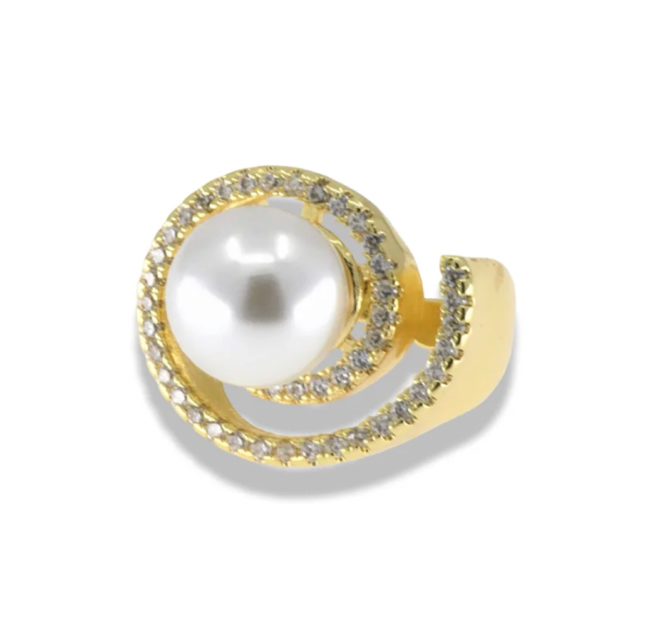 Gold Pavé Spiral Pearl Ring