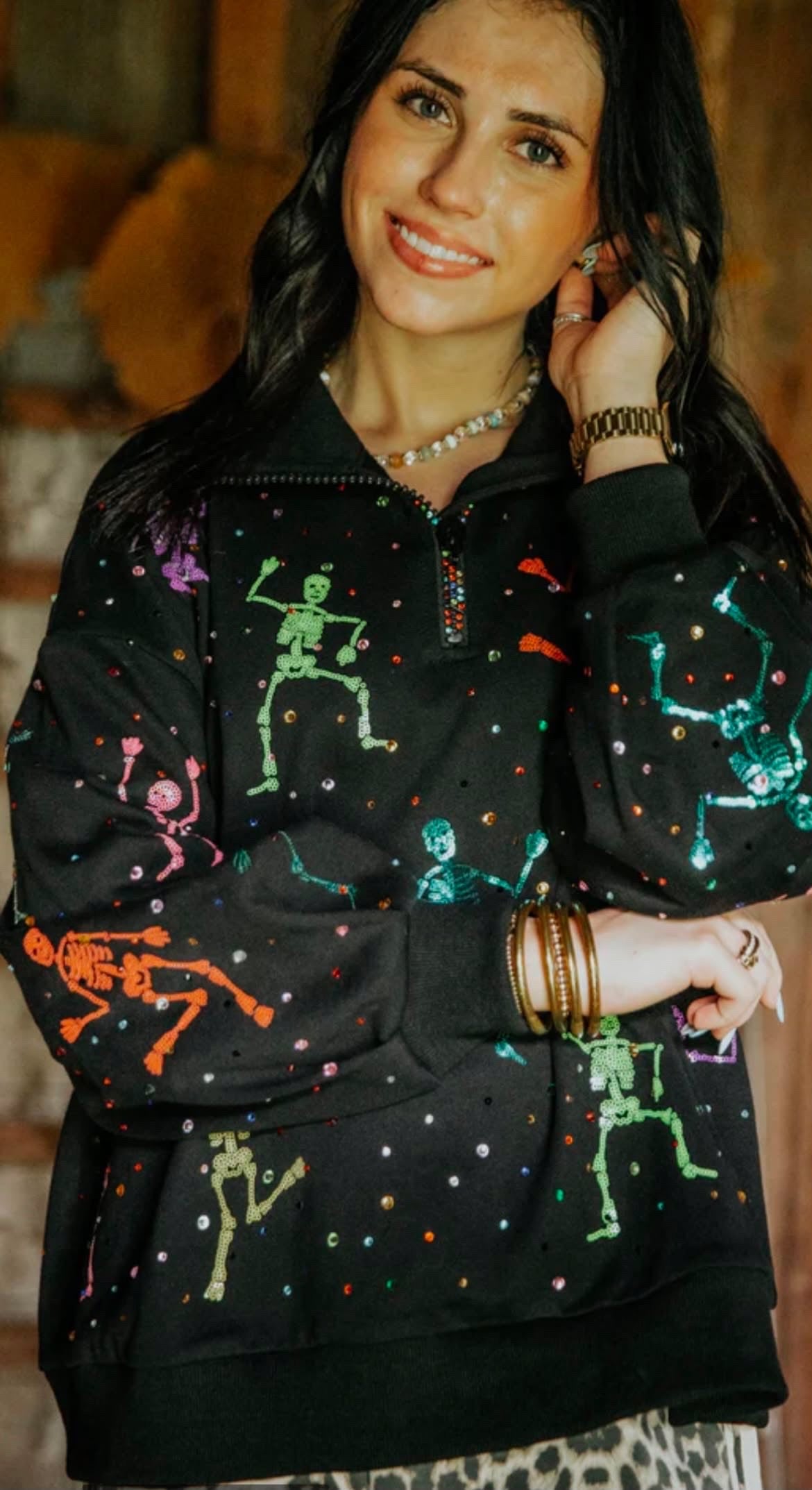 Neon skelly sequin quarter zip | PREORDER