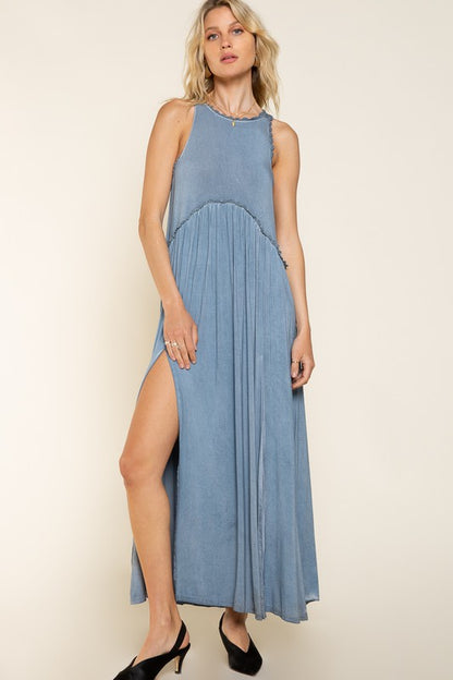 Stone Washed Side Slit Cut Out Maxi Dress * Online only-ships from warehouse