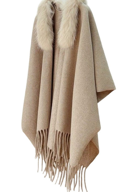 Faux Fur Collar Fringed Knit Cape Shawl in Camel