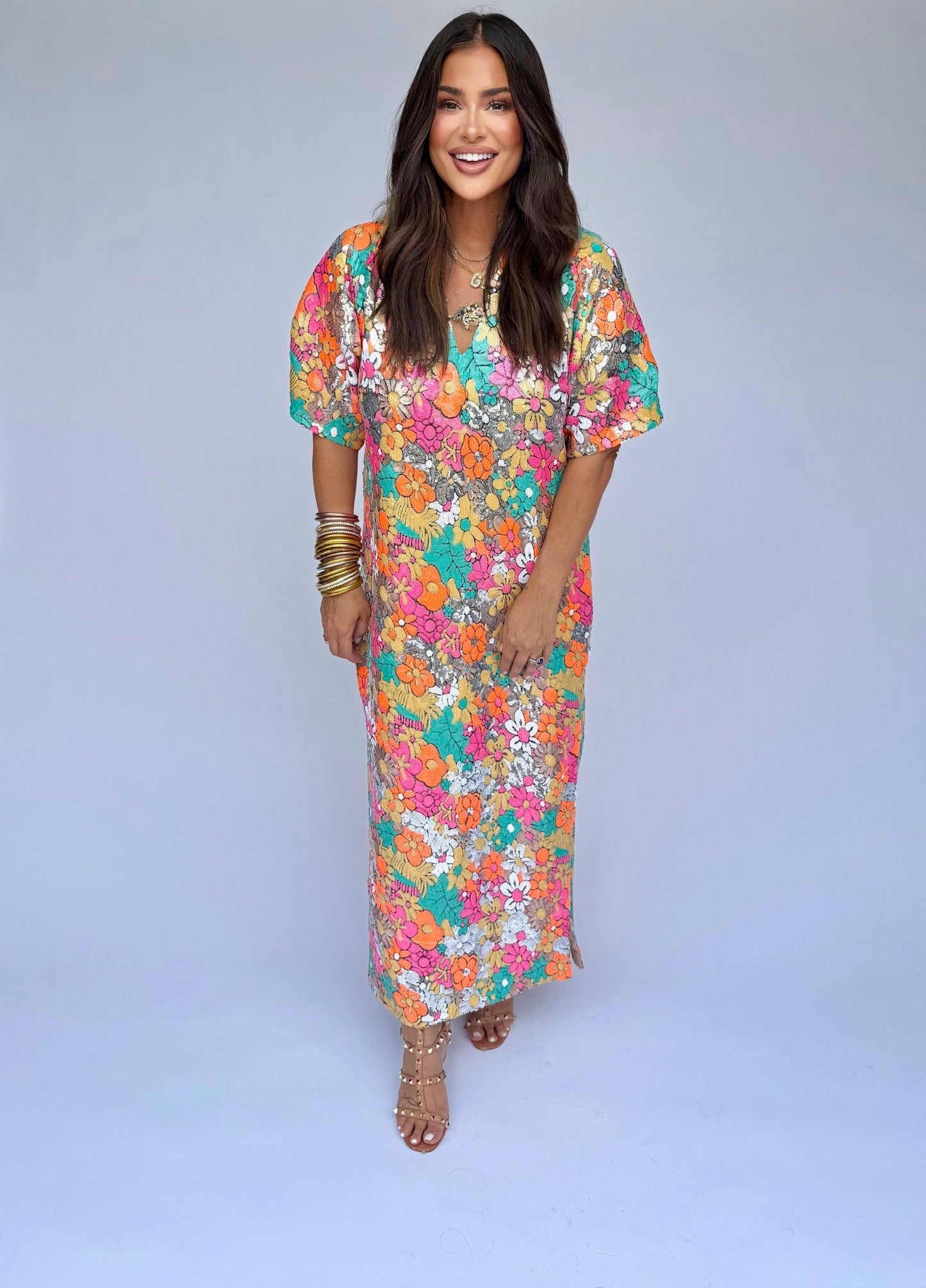 Leighton Coral Cascade Maxi Dress