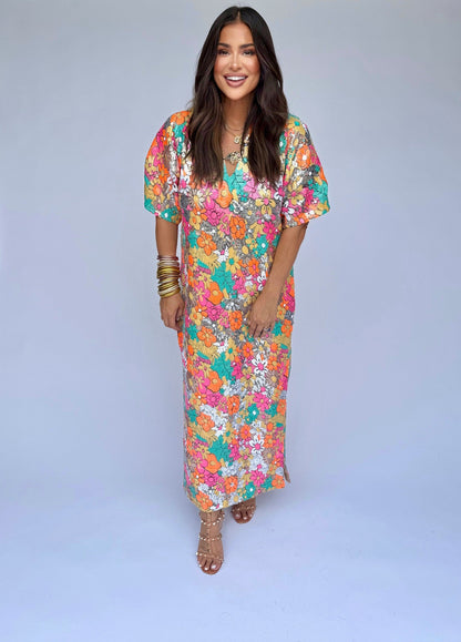 Leighton Coral Cascade Maxi Dress