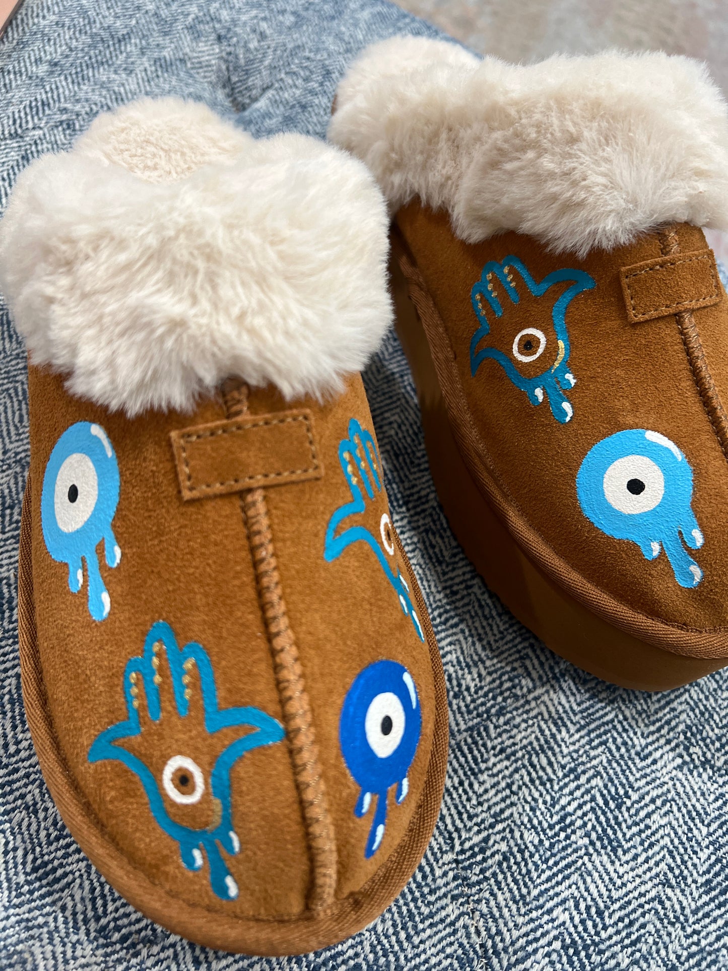Evil Eye Suede Slipper Size 8 - ONE OF A KIND