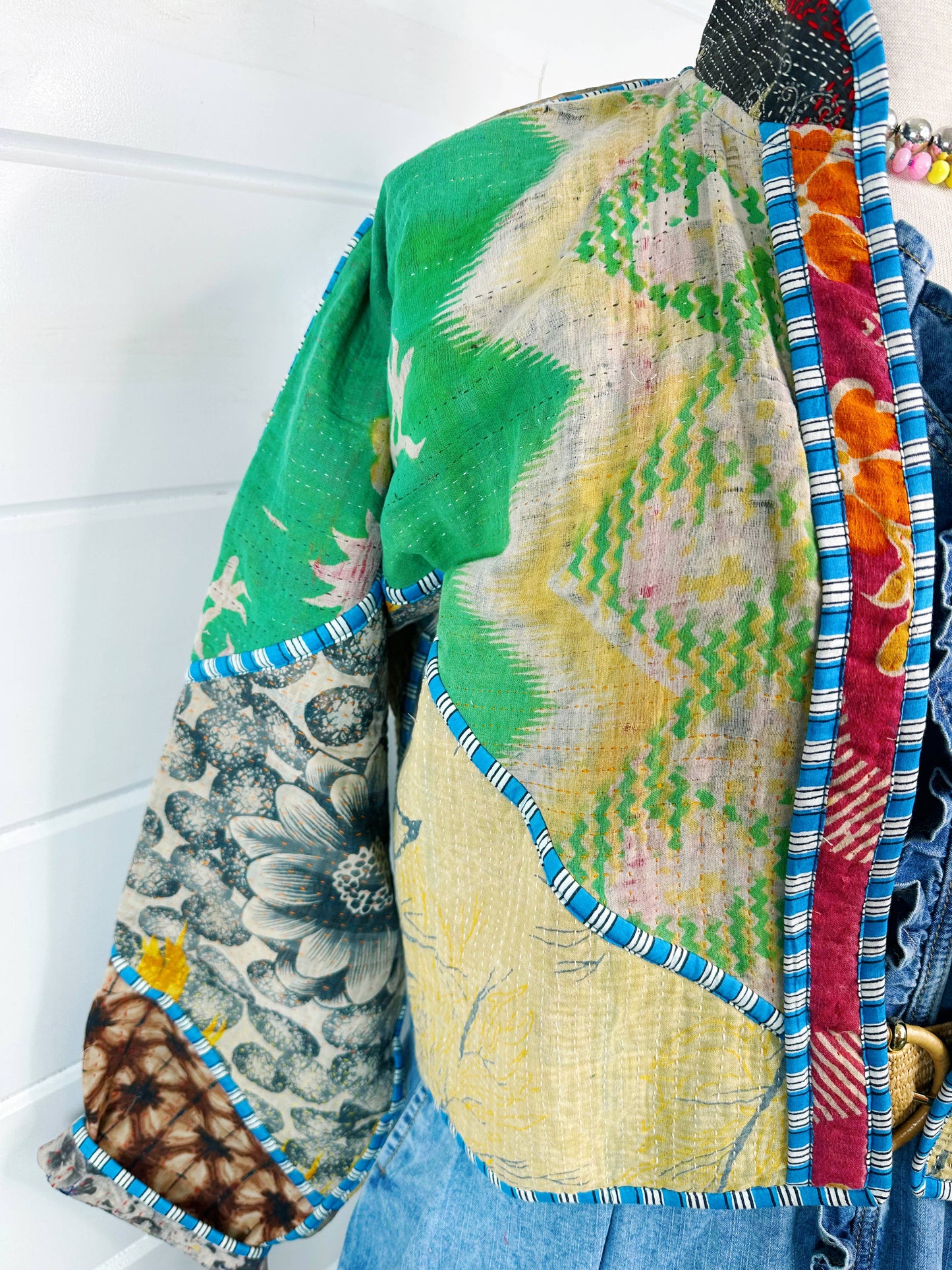 One of a Kind- Vintage Kantha Patchwork Bomber - Green