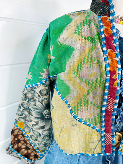 One of a Kind- Vintage Kantha Patchwork Bomber - Green