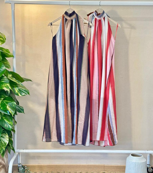 Sarah Dress Khaki, Eggplant and Blue