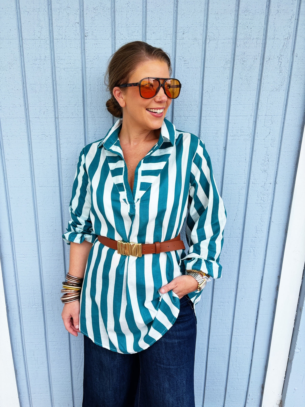 Odette Tunic Ocean and White Stripe
