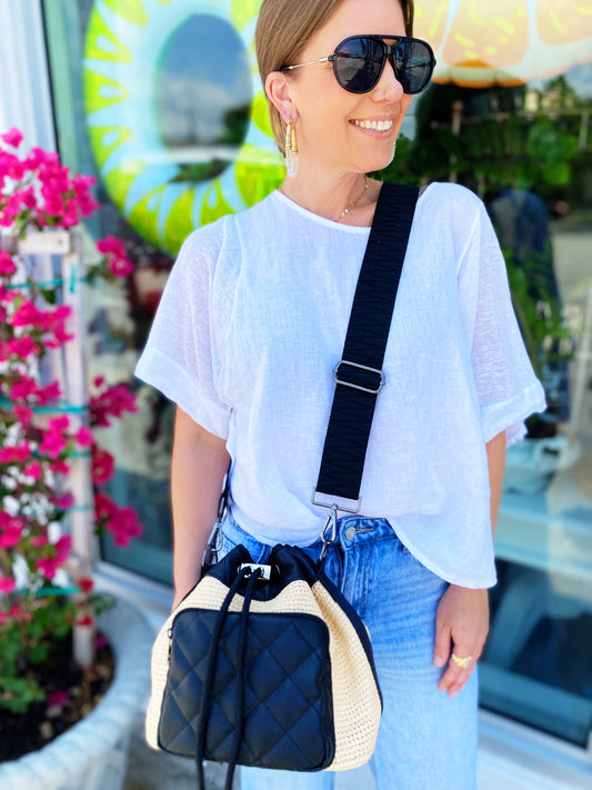 Lindsey Raffia Bucket Bag Black