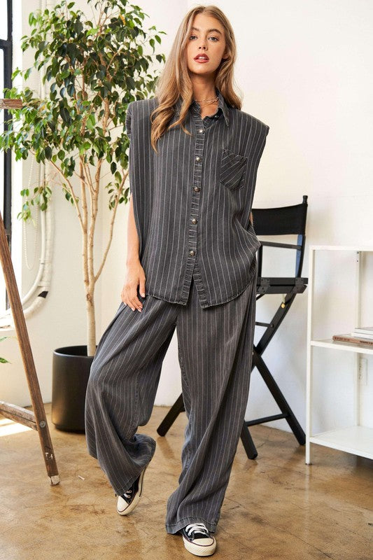 Stripe Button Down Shirt and Long Pants Set **IN STOCK SIZE SMALL