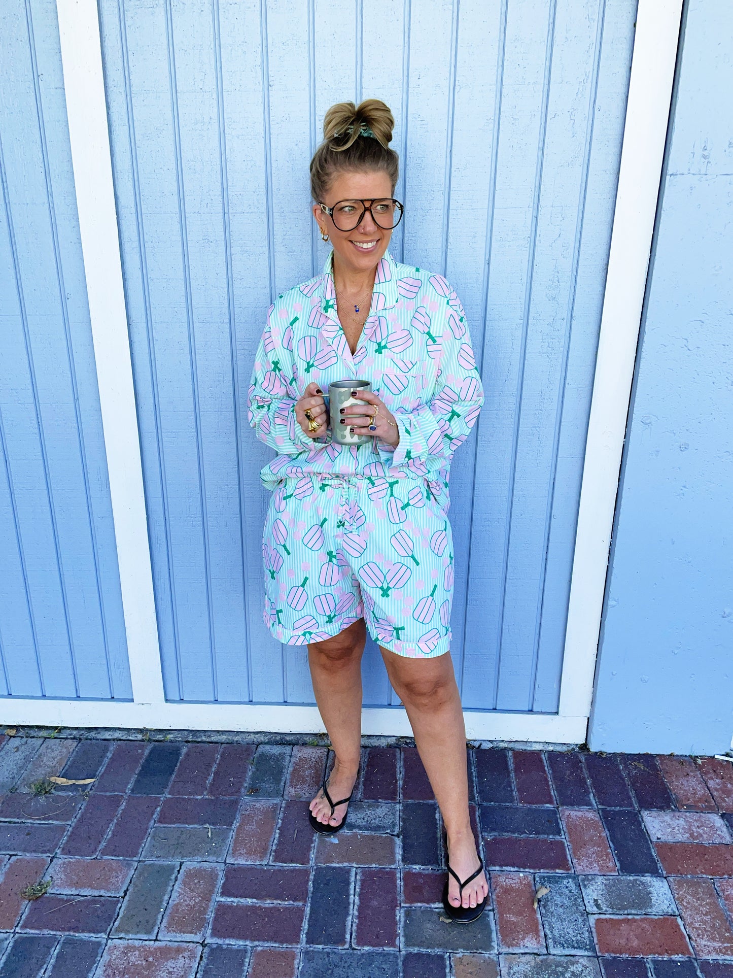 Pickleball Stripe Pajama Set with Shorts & Long Sleeve Top