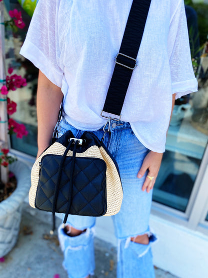 Lindsey Raffia Bucket Bag Black