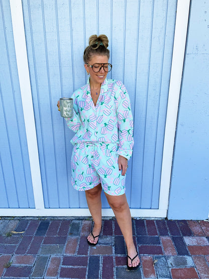 Pickleball Stripe Pajama Set with Shorts & Long Sleeve Top