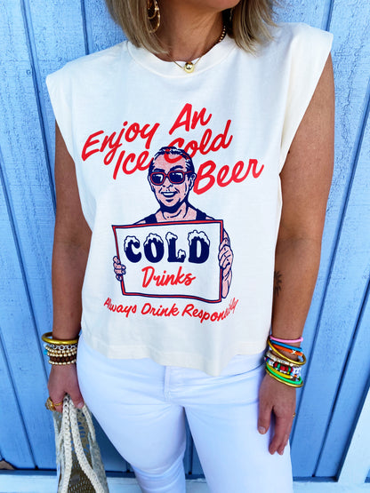 Enjoy An Iced Cold Beer, Summer Vintage Cropped Muscle Tank-