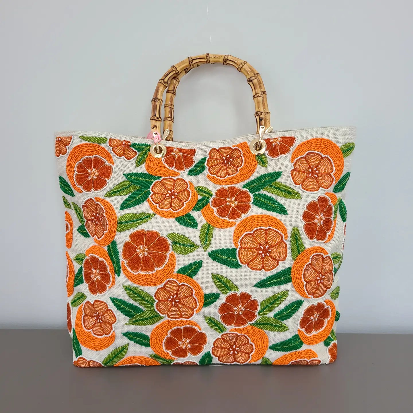 Custom Beaded Square Bag with Bamboo Handles