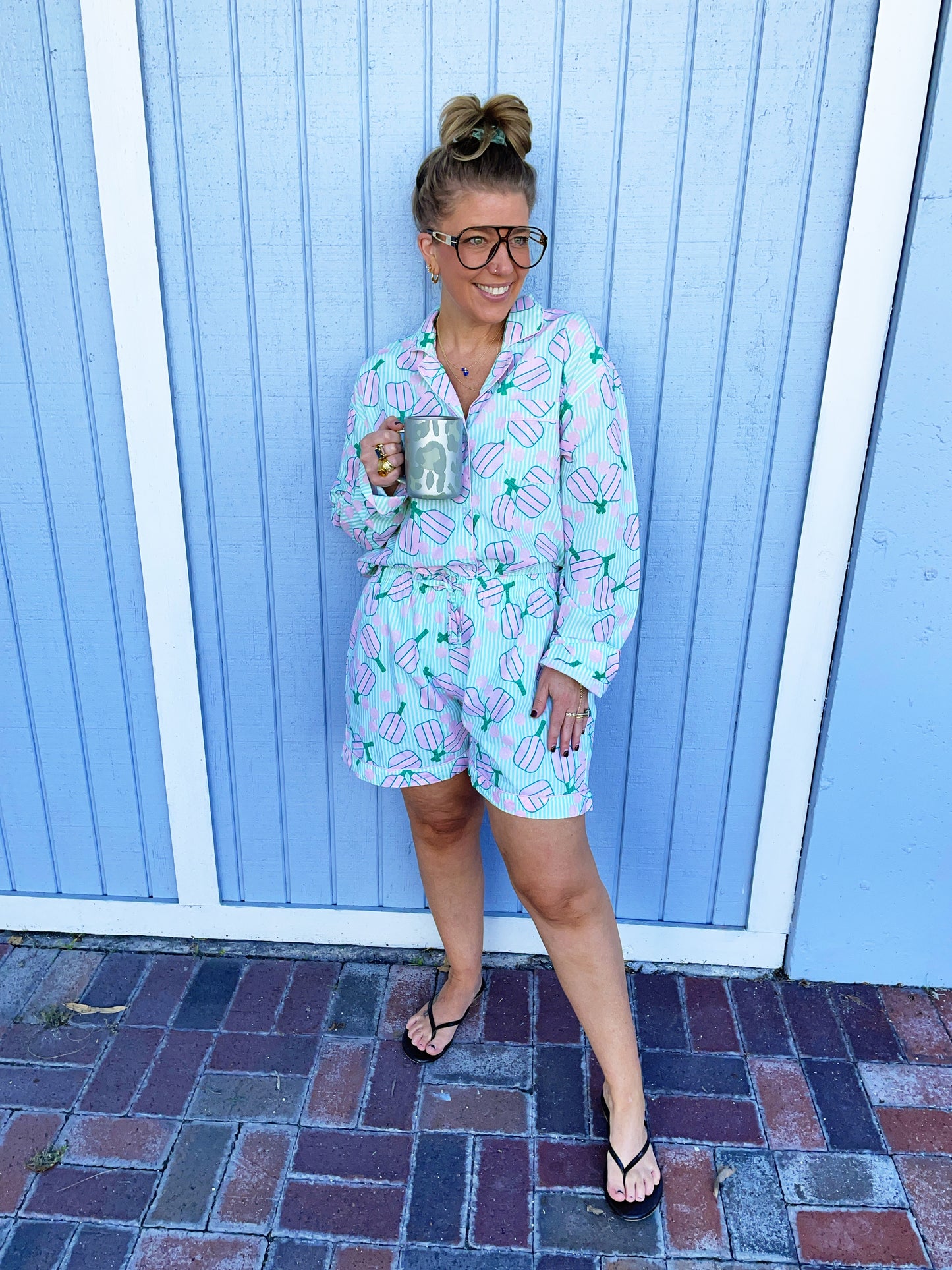 Pickleball Stripe Pajama Set with Shorts & Long Sleeve Top