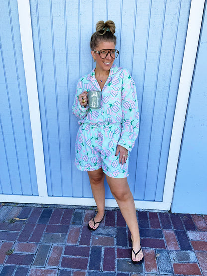 Pickleball Stripe Pajama Set with Shorts & Long Sleeve Top