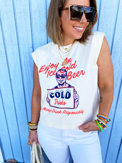 Enjoy An Iced Cold Beer, Summer Vintage Cropped Muscle Tank-