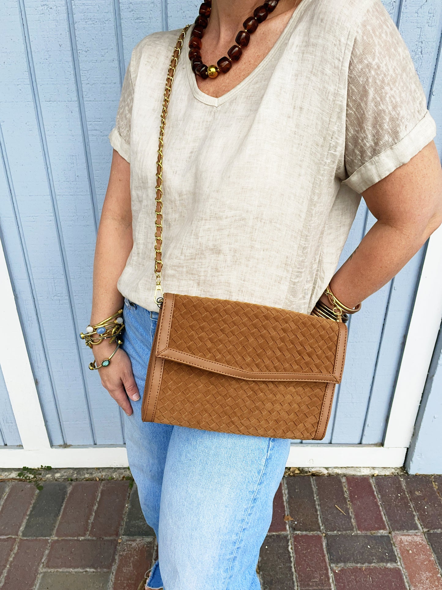 Beth Clutch- Woven Saddle Vegan Suede