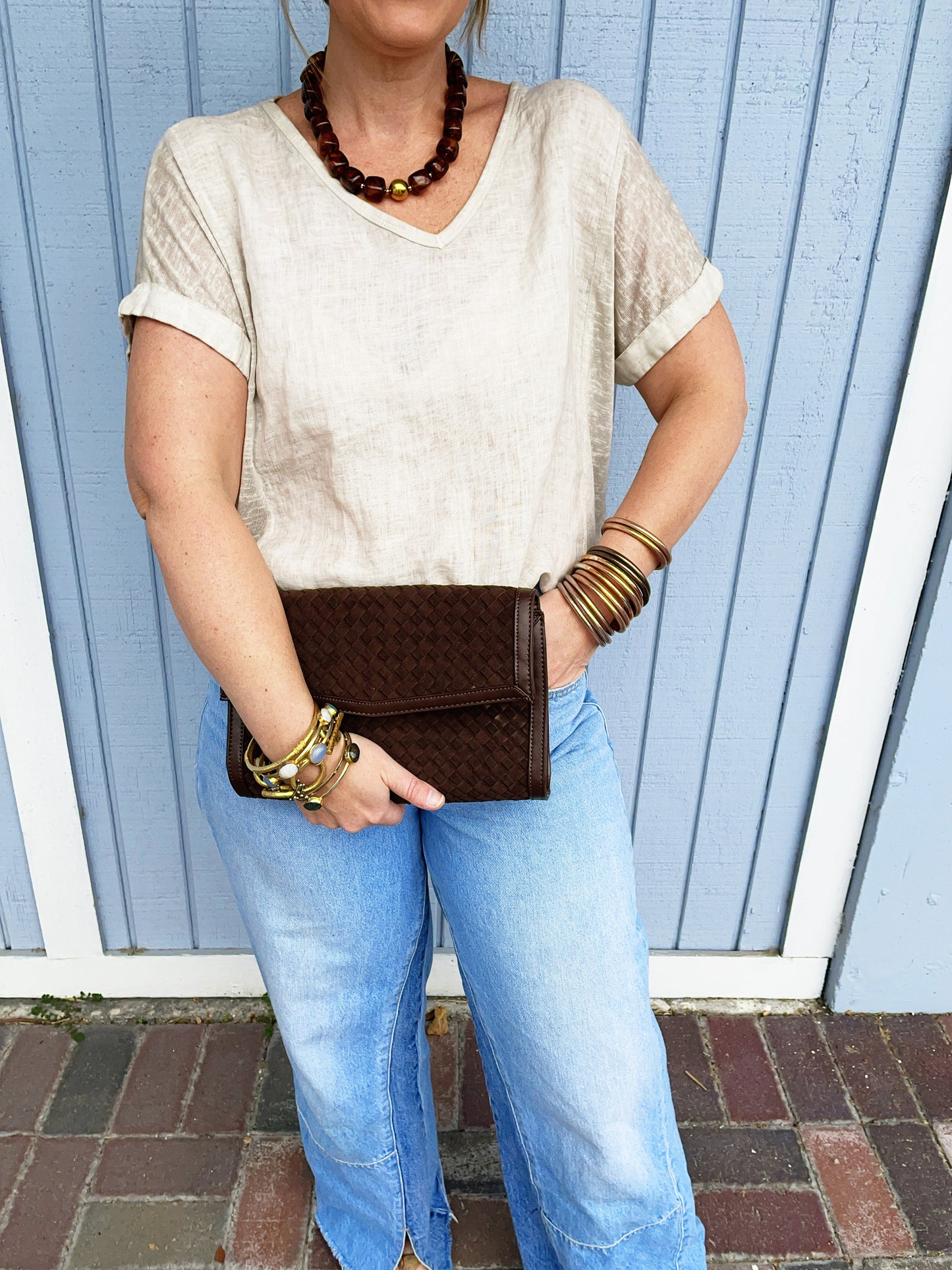 Beth Clutch- Chocolate Woven Vegan Suede