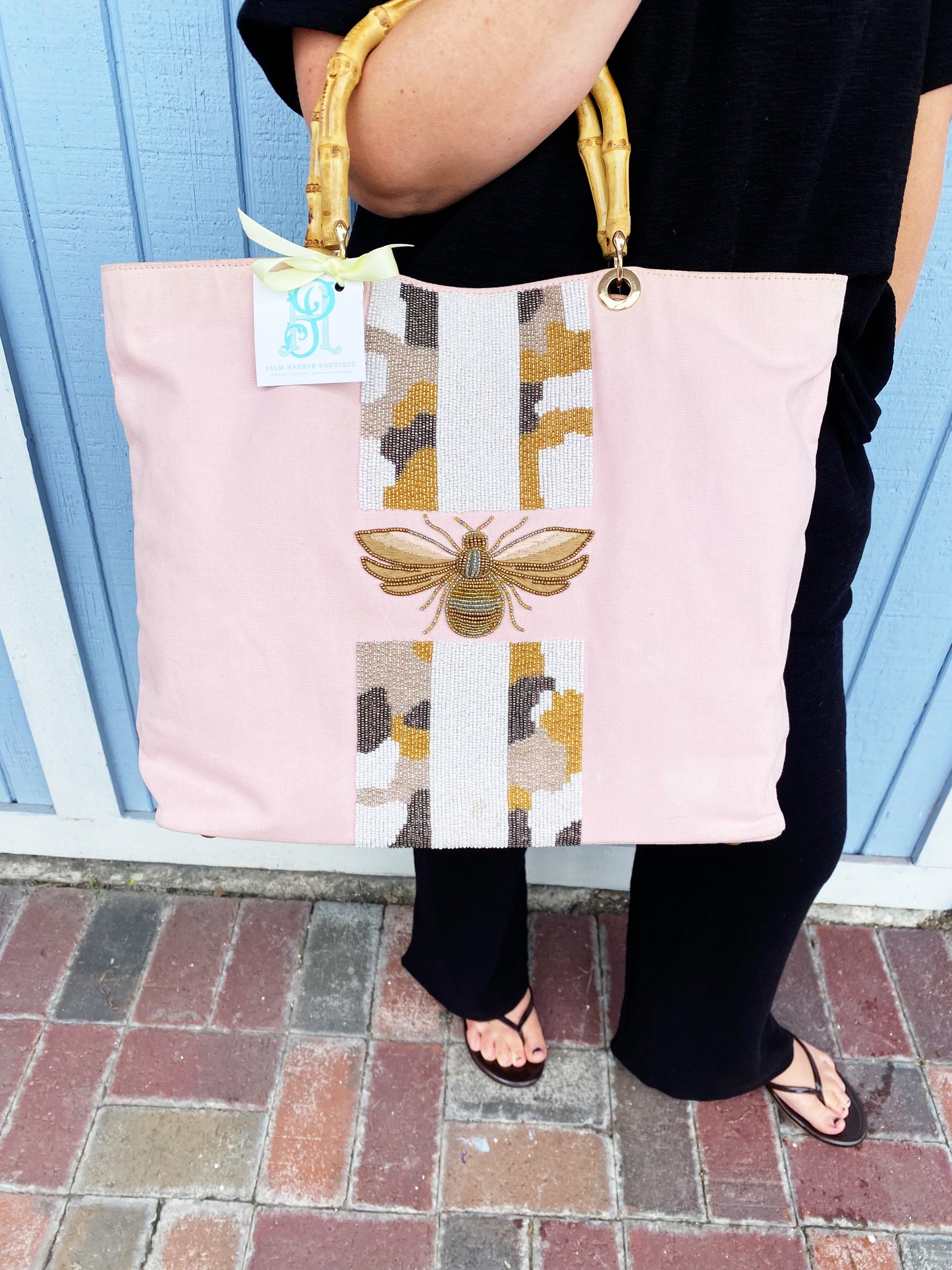 Custom Beaded Square Bag with Bamboo Handles