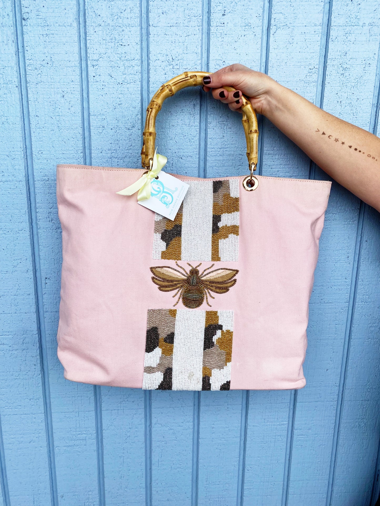 Custom Beaded Square Bag with Bamboo Handles