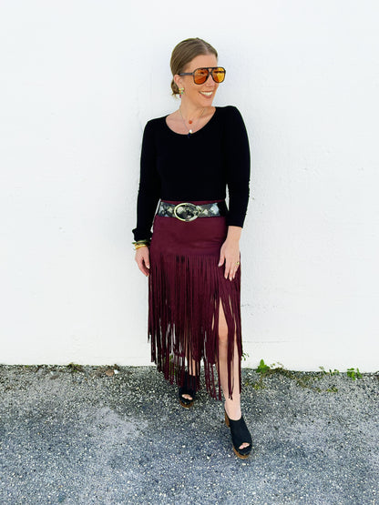 Katrina Fringe Skirt in Merlot