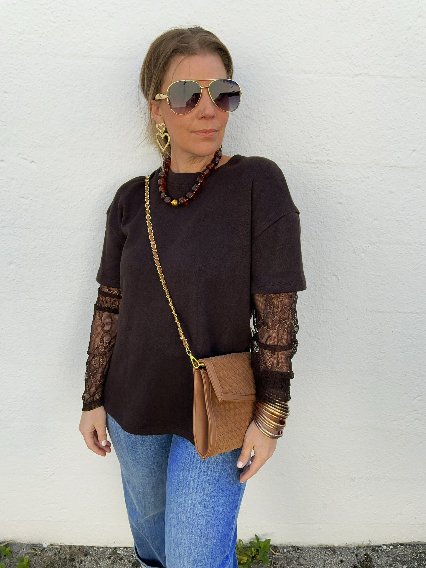 Brown Jenny Short Sleeve Sweater with Built in Lace Sleeve