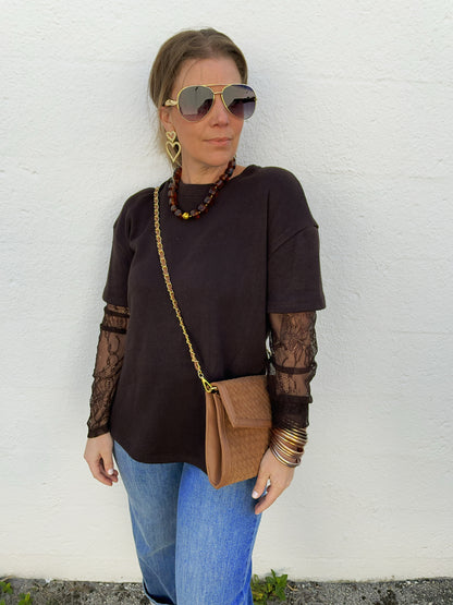 Brown Jenny Short Sleeve Sweater with Built in Lace Sleeve