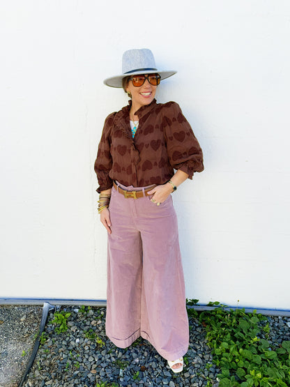 Jenny Heart Jacquard Ruffle Trim Shirt