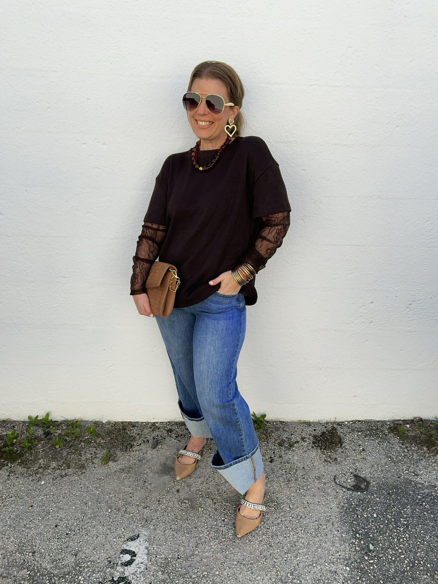 Brown Jenny Short Sleeve Sweater with Built in Lace Sleeve