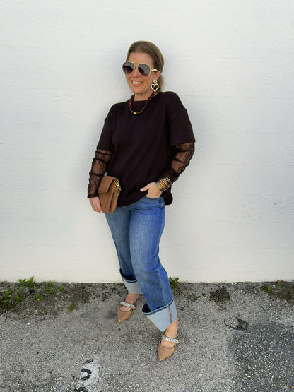 Brown Jenny Short Sleeve Sweater with Built in Lace Sleeve