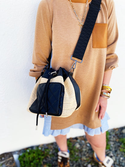 Lindsey Raffia Bucket Bag Black