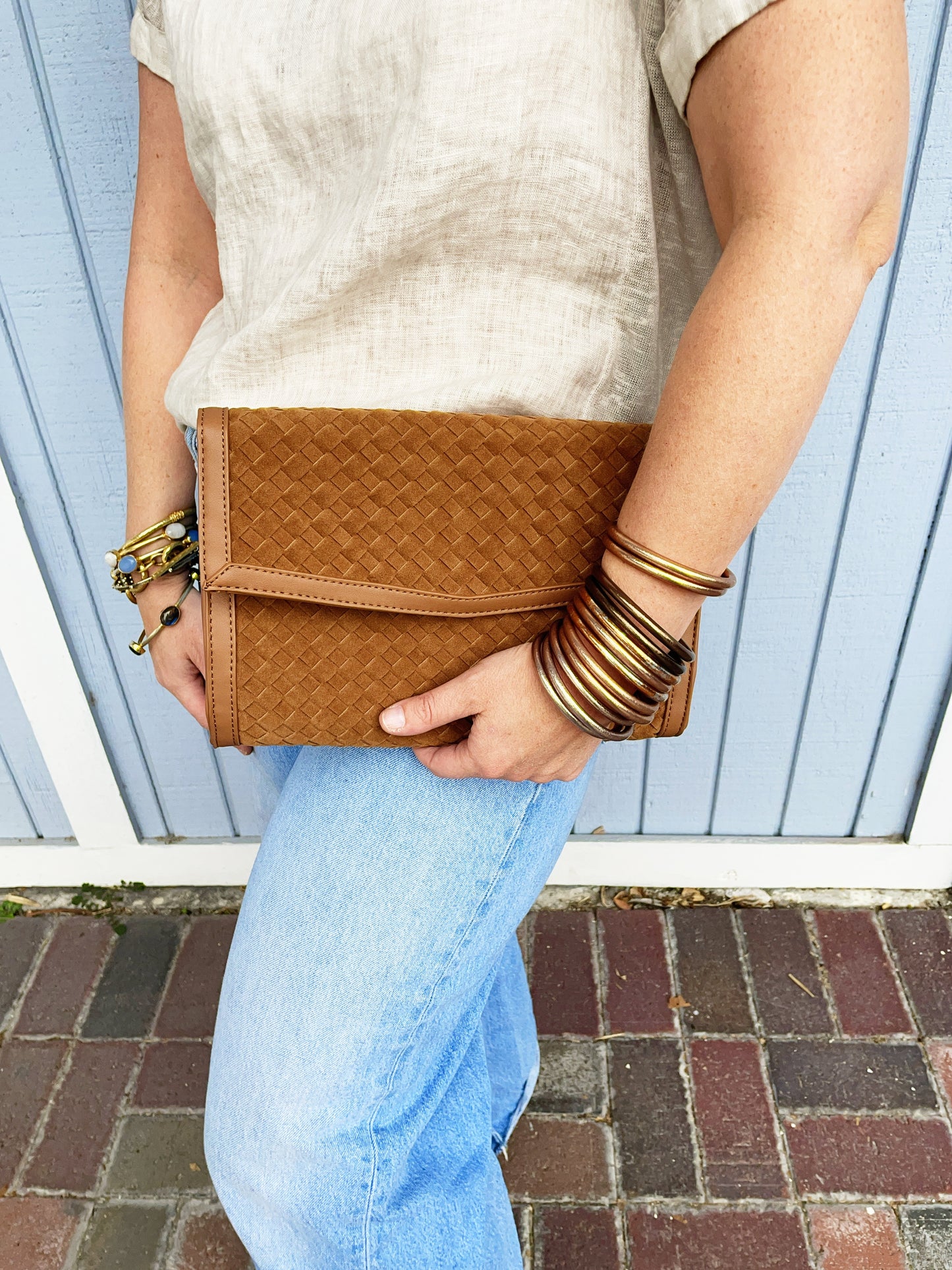 Beth Clutch- Woven Saddle Vegan Suede