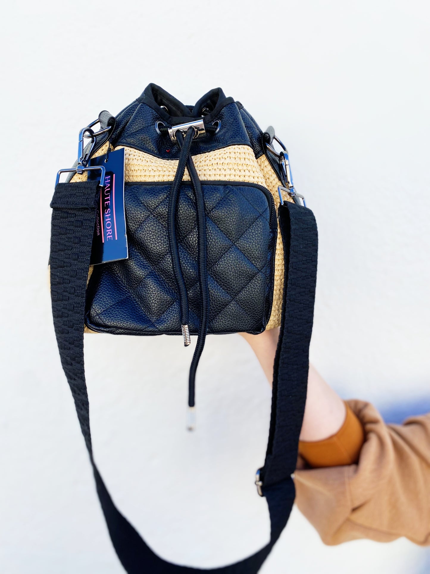 Lindsey Raffia Bucket Bag Black