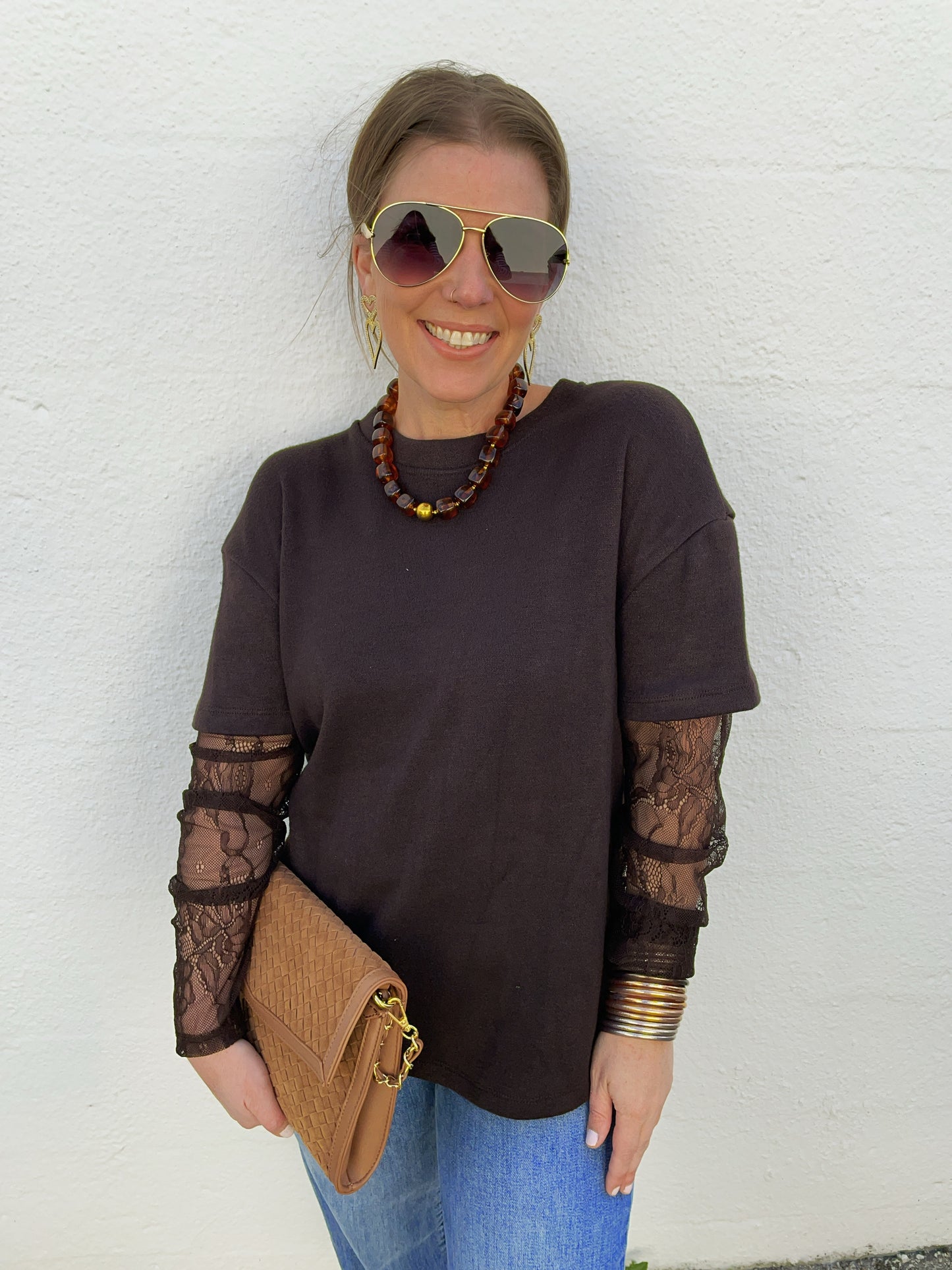Brown Jenny Short Sleeve Sweater with Built in Lace Sleeve