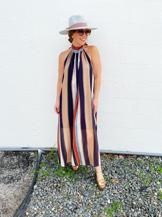 Sarah Dress Khaki, Eggplant and Blue