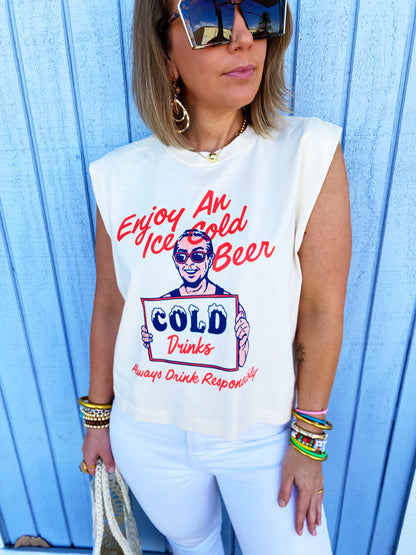 Enjoy An Iced Cold Beer, Summer Vintage Cropped Muscle Tank-