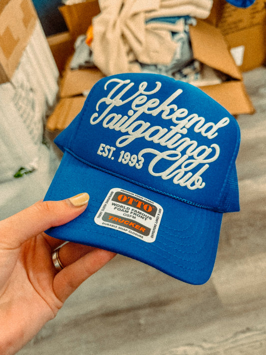 Weekend Tailgating Club (White) 90's College Trucker Hat