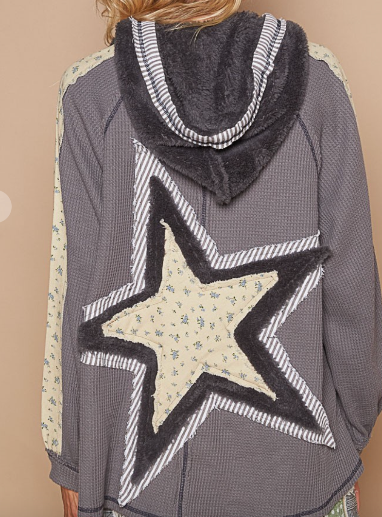 Half Zip Up Fleece Mix Back Star Patch Hoodie
