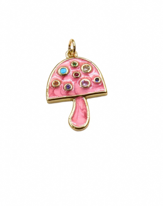 Pink Enamel Mushroom Charm with Rainbow Gems