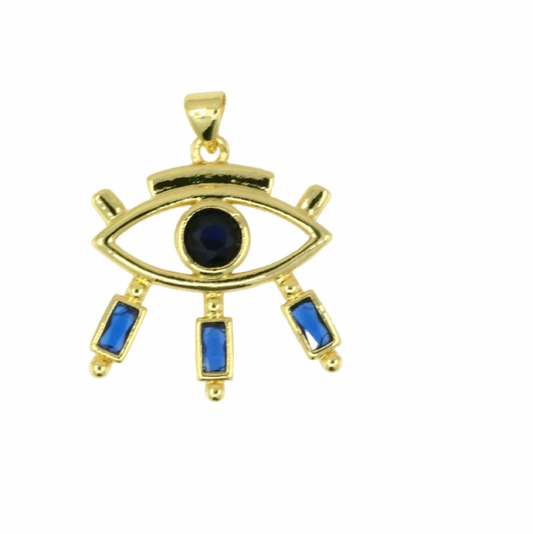 Gold Evil Eye Pendant with Blue Rectangular Zirconia