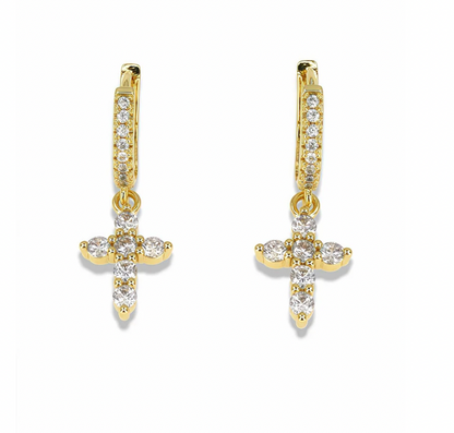 MINI CROSS HUGGIE EARRINGS - PAVE CZ HOOP, CLEAR OR BLACK